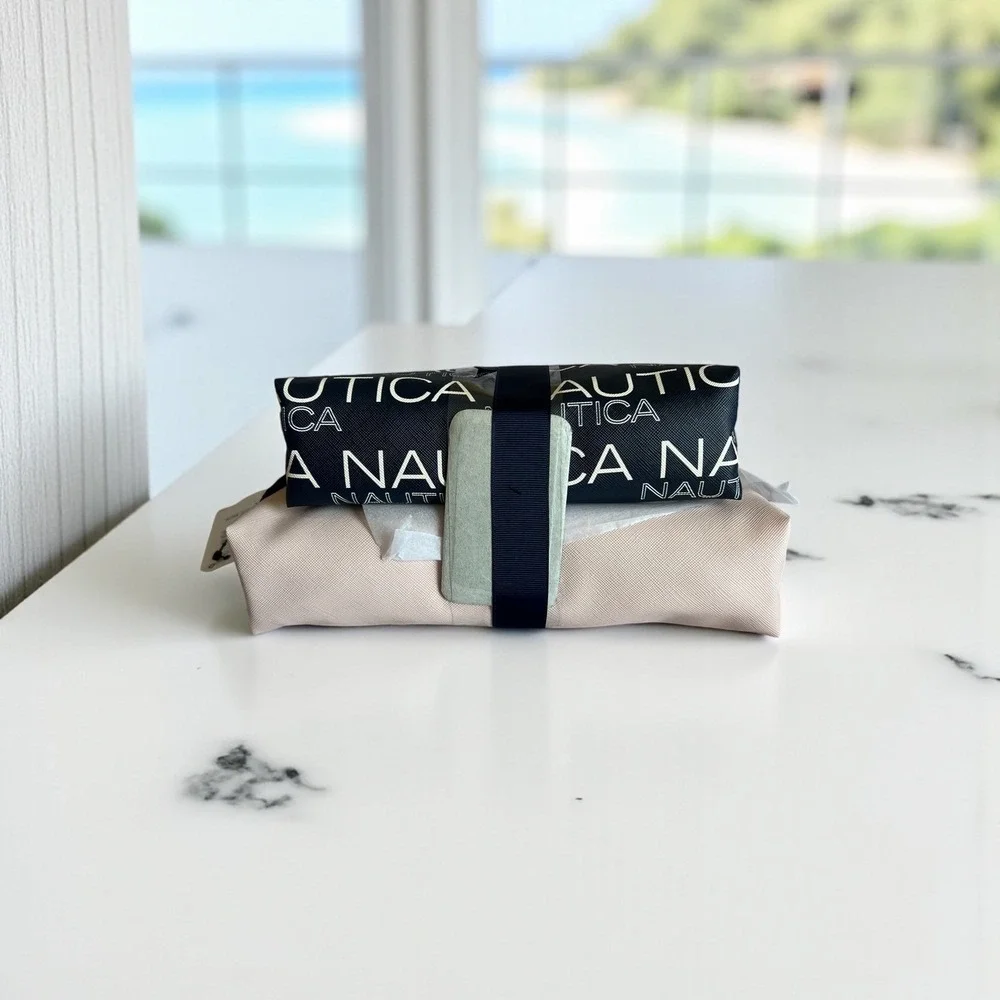 Nautica 2PC Trap Set Travel Cosmetic Makeup Bag Blush Navy‎ NWT